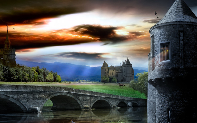 Castle bridge river sky clouds free wallpaper for desktop - medium preview image