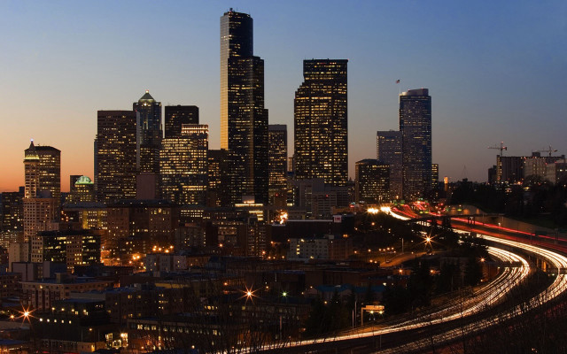 City skyline train night lights free wallpaper for desktop - medium preview image