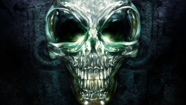 Green skull glowing eyes black free wallpaper for desktop - medium preview image