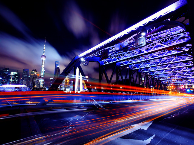 City skyline bridge streetlight night free wallpaper for desktop - medium preview image