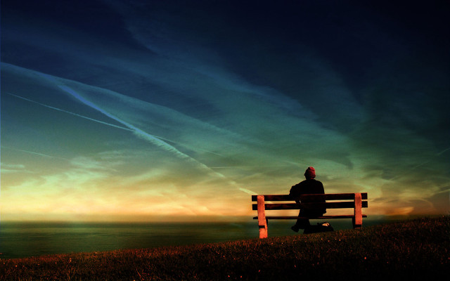 Person bench ocean sunset sky free wallpaper for desktop - medium preview image