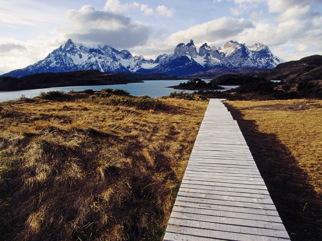 Wooden walkway lake mountains grass #2 free wallpaper for desktop - medium preview image