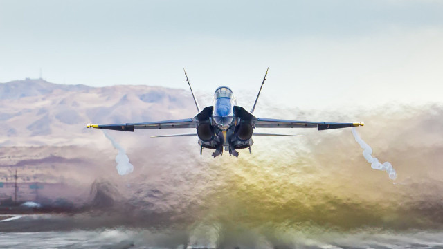 Fighter jet flying water mountains free wallpaper for desktop - medium preview image