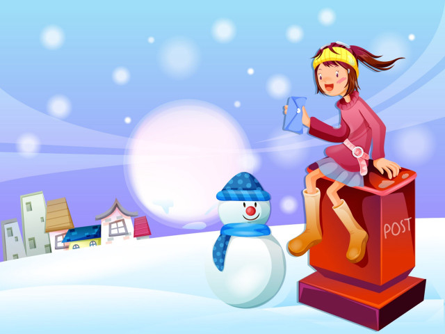 Girl sitting post snowman on #2 free wallpaper for desktop - medium preview image