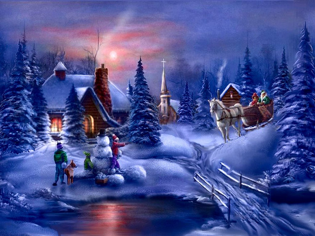 Christmas sleigh snowman couple painting free wallpaper for desktop - medium preview image