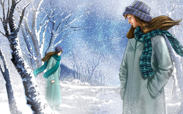 Women walking snow winter painting free wallpaper for desktop - medium preview image