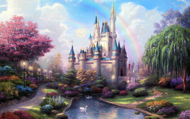 Castle rainbow river swans painting free wallpaper for desktop - medium preview image