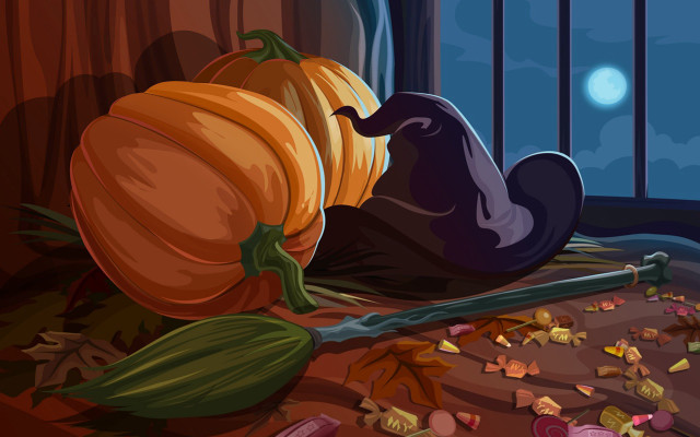 Cartoon pumpkin bat floor window free wallpaper for desktop - medium preview image