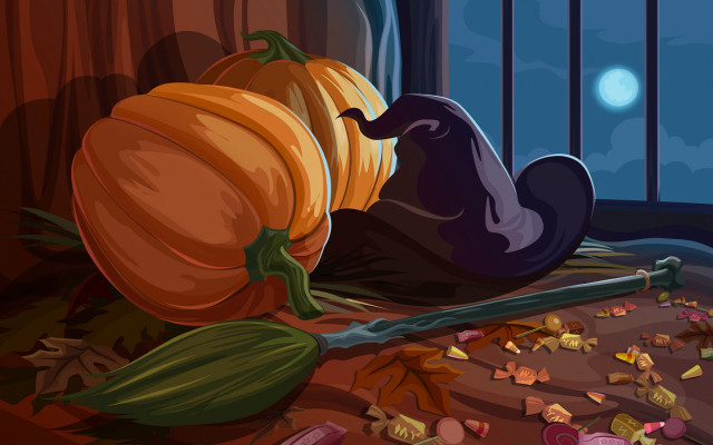Cartoon pumpkin bat window glass free wallpaper for desktop - medium preview image