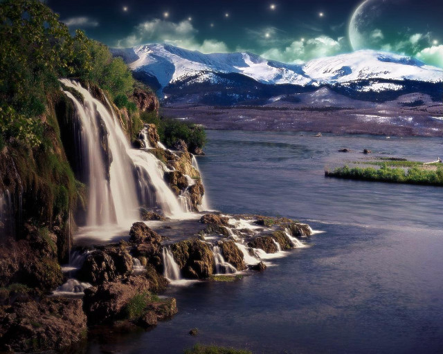 Waterfall mountain fullmoon sky night free wallpaper for desktop - medium preview image