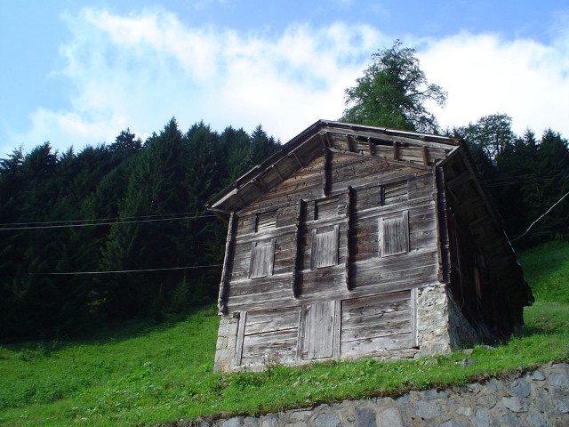 Wooden building hillside forest trees free wallpaper for desktop - medium preview image