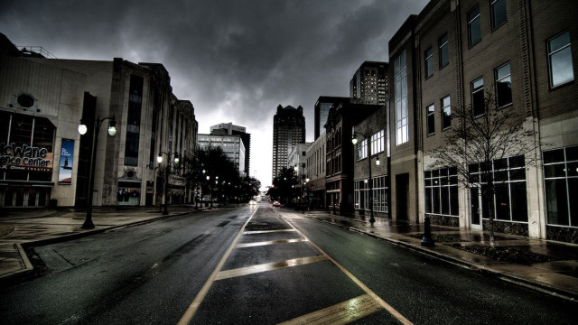 City street dark sky buildings free wallpaper for desktop - medium preview image