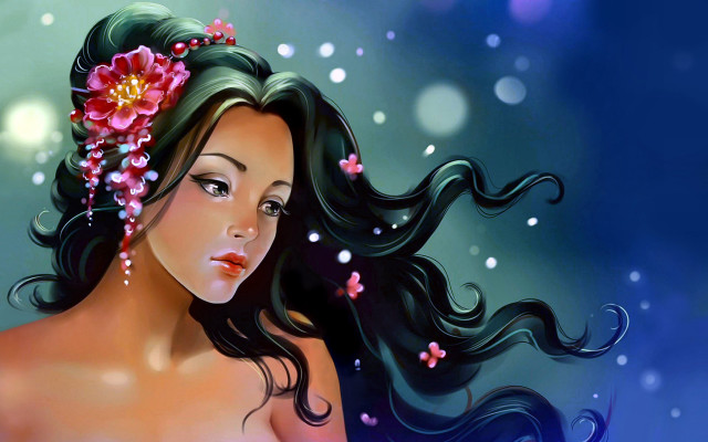 Woman long hair flower artistic free wallpaper for desktop - medium preview image