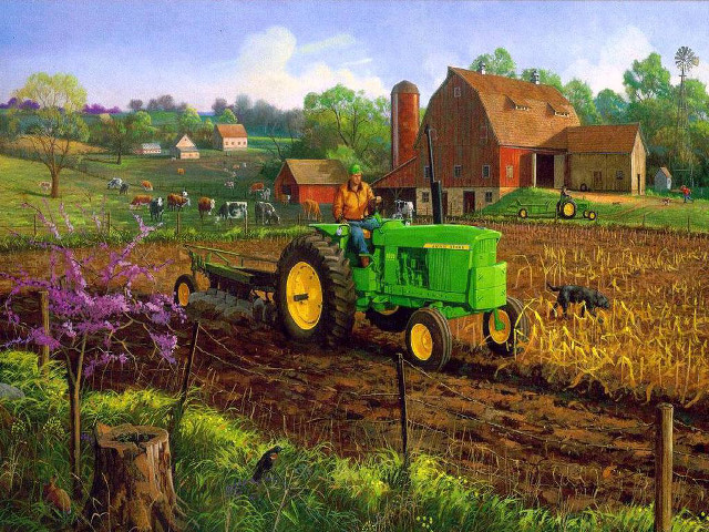 Farmer tractor field dog barn free wallpaper for desktop - medium preview image