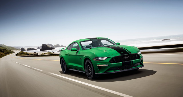 Green mustang driving highway ocean free wallpaper for desktop - medium preview image