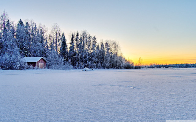 Snowy field cabin trees sunset free wallpaper for desktop - medium preview image