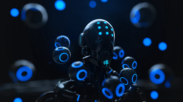 Robot glowing blue eyes black free wallpaper for desktop - medium preview image