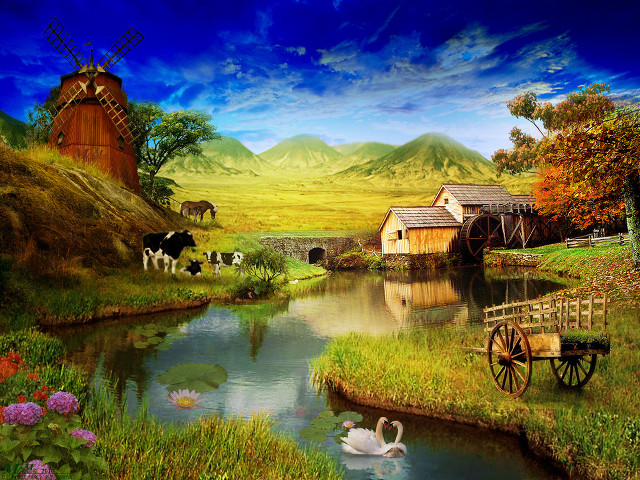 Farm pond windmill swans water free wallpaper for desktop - medium preview image