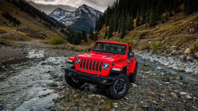 Red jeep rocky stream mountains free wallpaper for desktop - medium preview image