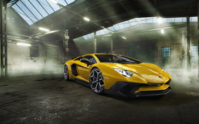 Yellow sports car warehouse skylight free wallpaper for desktop - medium preview image