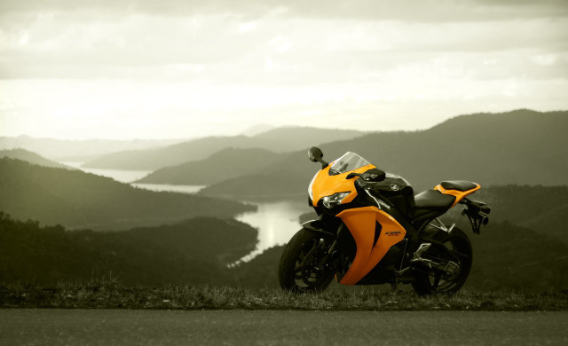 Motorcycle parked mountain range lake free wallpaper for desktop - medium preview image