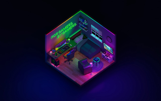 Neon colored room computer desk free wallpaper for desktop - medium preview image