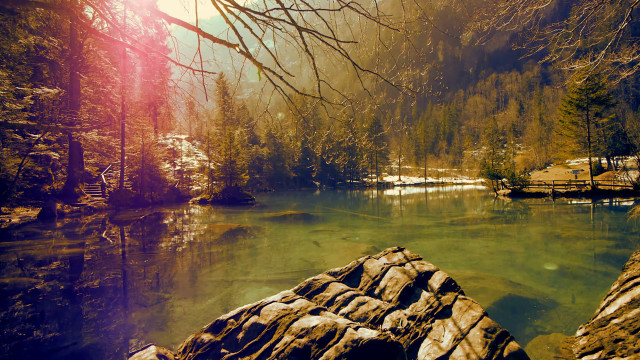 River trees rocks snow mountainside free wallpaper for desktop - medium preview image