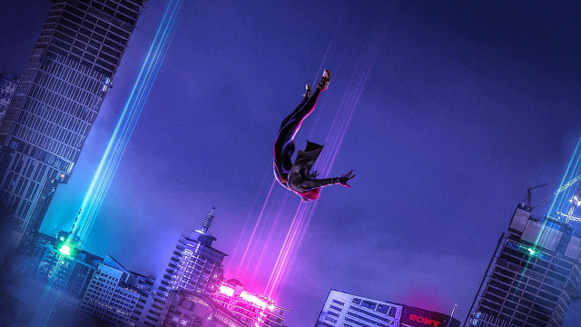 Man flying kiteboard city night free wallpaper for desktop - medium preview image