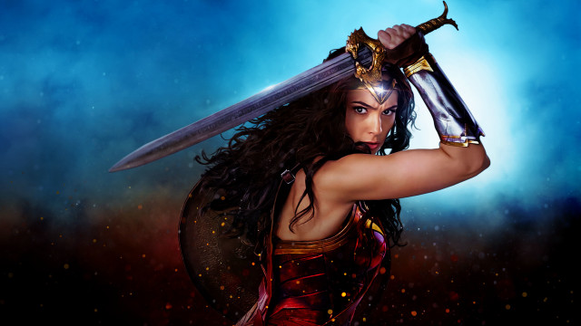 Woman costume sword blue background free wallpaper for desktop - medium preview image