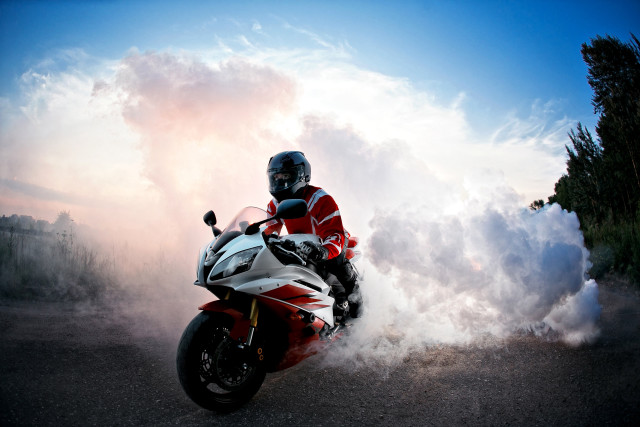 Motorcycle ride smoke road sky free wallpaper for desktop - medium preview image
