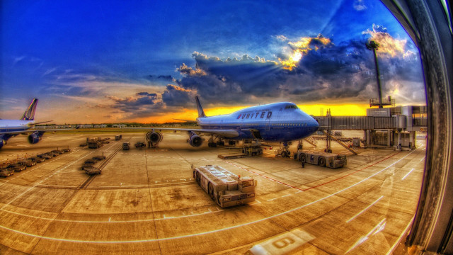Plane parked runway sunset sunrise free wallpaper for desktop - medium preview image