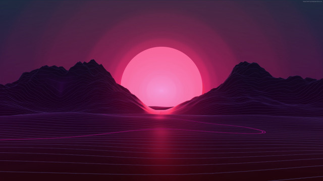 Sunset mountain river night synthwave free wallpaper for desktop - medium preview image