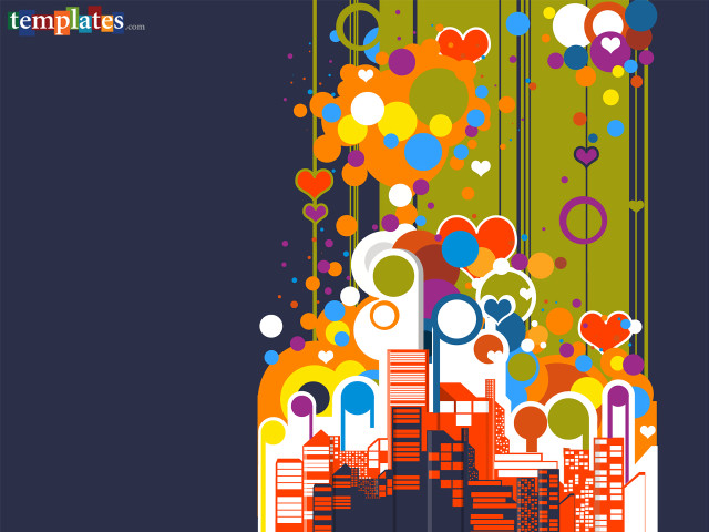 Colorful cityscape bubbles hearts blue free wallpaper for desktop - medium preview image