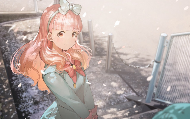 Girl pink hair bow fence free wallpaper for desktop - medium preview image