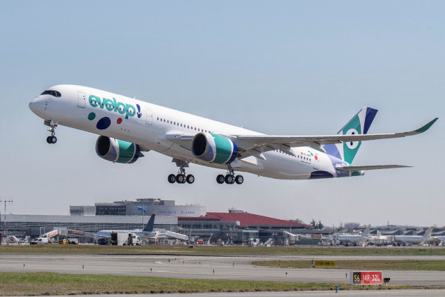 Jetliner flying blue sky runway #2 free wallpaper for desktop - medium preview image