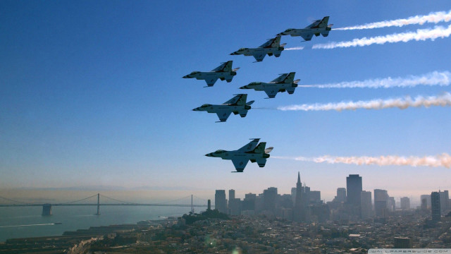 Jets formation city bridge background free wallpaper for desktop - medium preview image