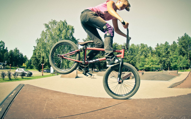 Bike trick ramp park trees free wallpaper for desktop - medium preview image