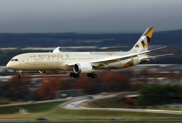 Jetliner cloudy sky cityscape trees free wallpaper for desktop - medium preview image