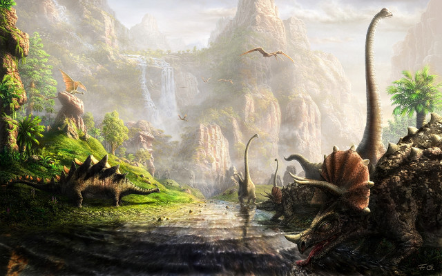 Dinosaurs mountain landscape stream birds free wallpaper for desktop - medium preview image