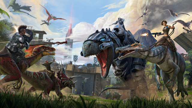 Dinosaurs attacking woman grass sky free wallpaper for desktop - medium preview image
