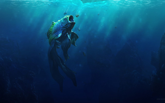Large fish swimming ocean man free wallpaper for desktop - medium preview image