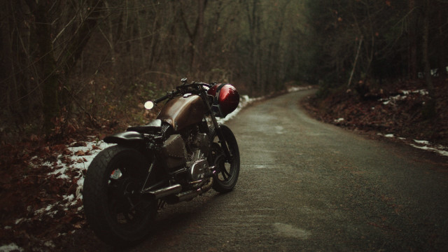 Motorcycle snowy woods tiltshift cinematic free wallpaper for desktop - medium preview image