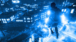 Person standing ledged city night - volumetric lighting free wallpaper