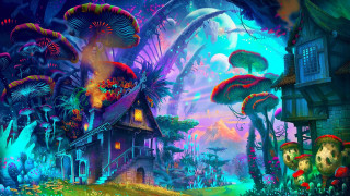 Fantasy forest mushrooms house full - psychedelic art free wallpaper for desktop