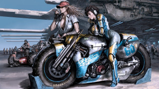 Biker girls motorcycle ship cyberpunk - dieselpunk free wallpaper