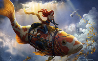 Woman riding fish sky surrounded - fish free wallpaper