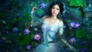Woman white dress water lilies - chen chun free wallpaper