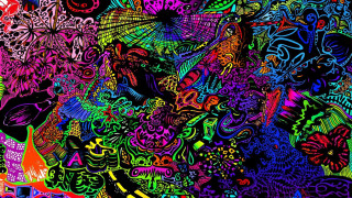 Colorful painting woman umbrella crowd - psychedelic free wallpaper for desktop