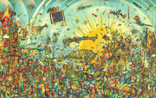 Colorful city painting sun blue - a painting of a city free wallpaper