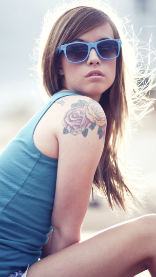 Woman flower tattoo blue shirt - tattoo free wallpaper for mobile